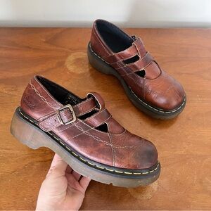 Dr Martens • vintage platform mary janes 2B94 brown leather t-strap cutout